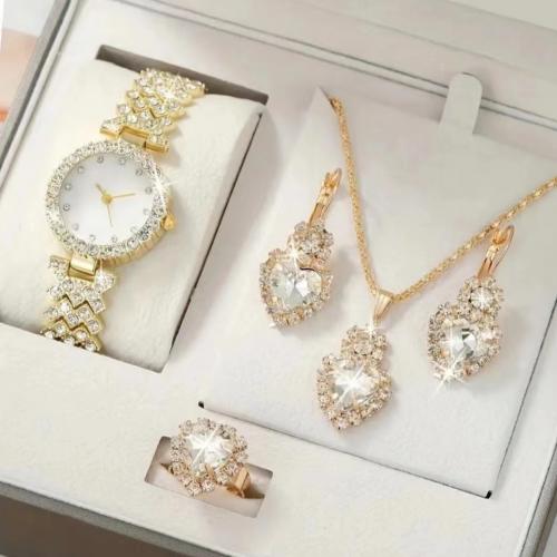Rhinestone Zinc Alloy Jewelry Set, watch & finger ring & earring & necklace, gold color plated, 5 pieces & with rhinestone 