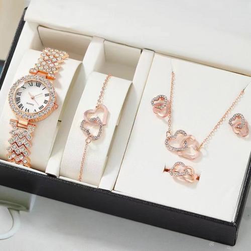 Rhinestone Zinc Alloy Jewelry Set, Stud Earring & watch & finger ring & bracelet & necklace, plated, 5 pieces & for woman & with rhinestone 