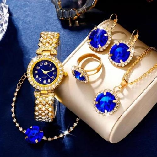 Rhinestone Zinc Alloy Jewelry Set, watch & finger ring & bracelet & earring, Round, gold color plated, 5 pieces & for woman & with rhinestone, blue 