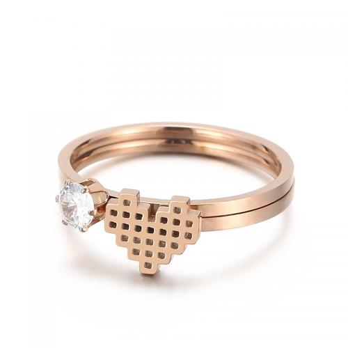 Cubic Zirconia Stainless Steel Finger Ring, 304 Stainless Steel  & micro pave cubic zirconia & for woman, rose gold color 