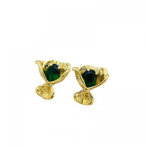 Rhinestone Brass Stud Earring, gold color plated, fashion jewelry & for woman & with rhinestone, green 