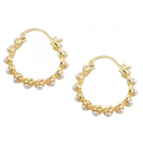 Brass Huggie Hoop Earring, with Plastic Pearl, 14K gold plated, fashion jewelry & for woman Inner Approx 20.5mm 