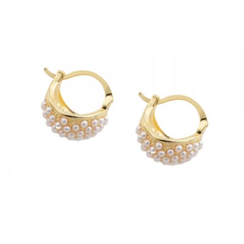 Brass Huggie Hoop Earring, with Plastic Pearl, 14K gold plated, fashion jewelry & for woman Inner Approx 12.5mm 