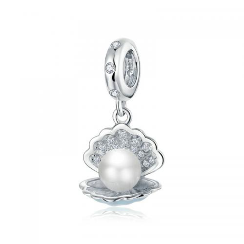 Sterling Silver European Pendants, 925 Sterling Silver, with Shell Pearl, platinum plated, DIY & micro pave cubic zirconia & enamel 