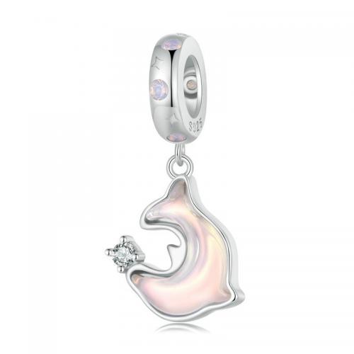 Sterling Silver European Pendants, 925 Sterling Silver, with Opal & Glass, Dolphin, DIY & micro pave cubic zirconia, pink Approx 4.5mm 