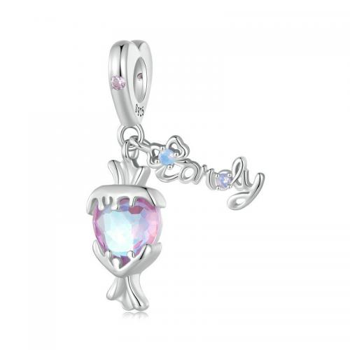 Sterling Silver European Pendants, 925 Sterling Silver, with Opal & Glass, DIY & micro pave cubic zirconia, pink Approx 4.5mm 