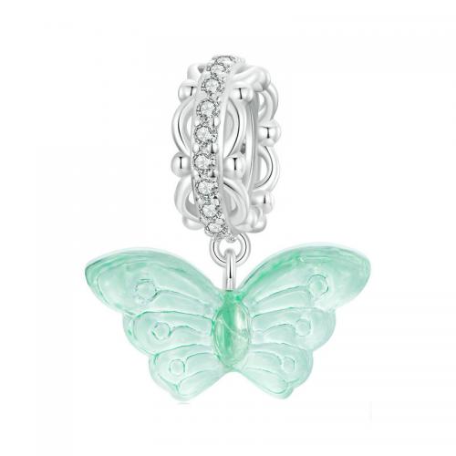 Sterling Silver European Pendants, 925 Sterling Silver, with Glass, Butterfly, platinum plated, DIY & micro pave cubic zirconia, green Approx 4.5mm 