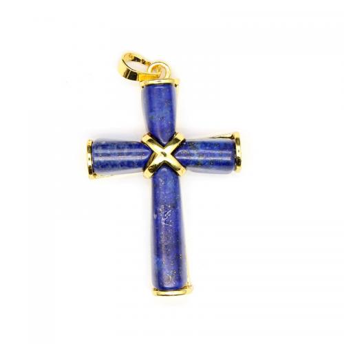 Gemstone Brass Pendants, Natural Stone, with Brass, Cross, gold color plated, DIY 