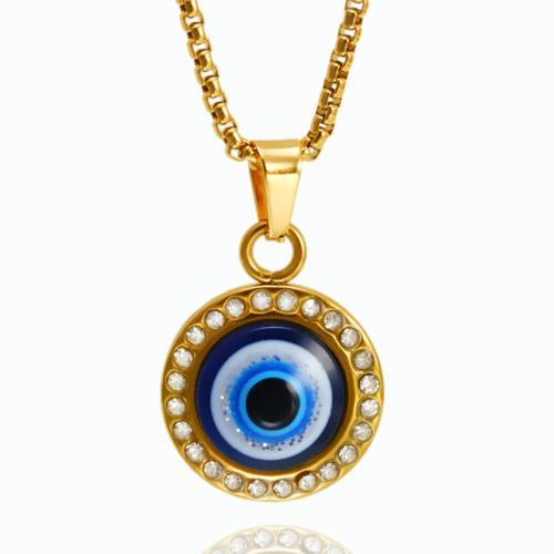 Evil Eye Jewelry Necklace, 304 Stainless Steel, with 5CM extender chain, Round, plated, fashion jewelry & evil eye pattern & enamel & with rhinestone cm 