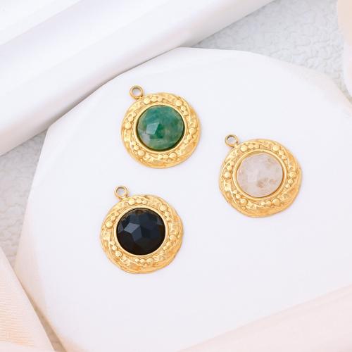 Gemstone Jewelry Pendant, 316L Stainless Steel, with Natural Stone, Round, gold color plated, DIY 