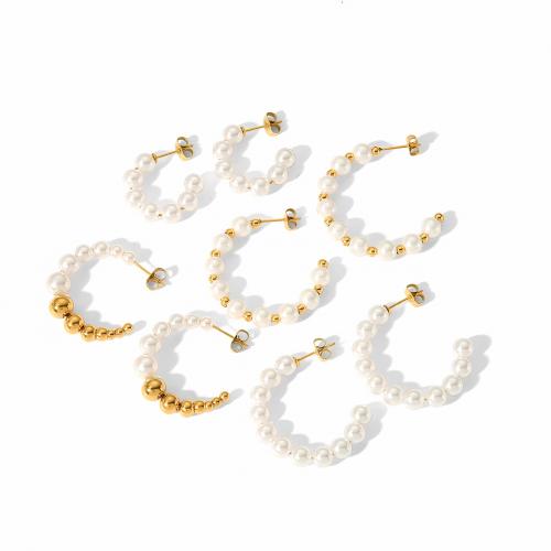 Stainless Steel Stud Earring, 304 Stainless Steel, with Plastic Pearl, gold color plated, fashion jewelry & for woman [