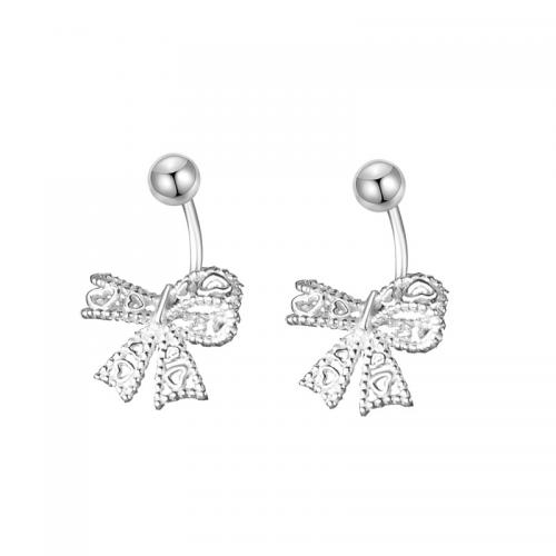 925 Sterling Silver Stud Earring, Bowknot, for woman & hollow, silver color 