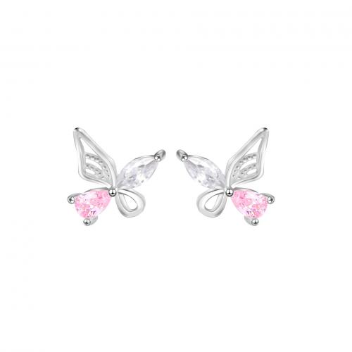 925 Sterling Silver Stud Earring, Butterfly, platinum plated, for woman & with rhinestone & hollow 