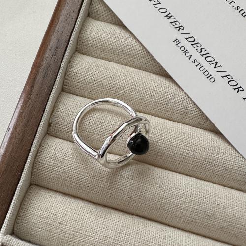 Sterling Silver Finger Ring, 925 Sterling Silver, with Black Agate, polished, fashion jewelry & for woman, US Ring 