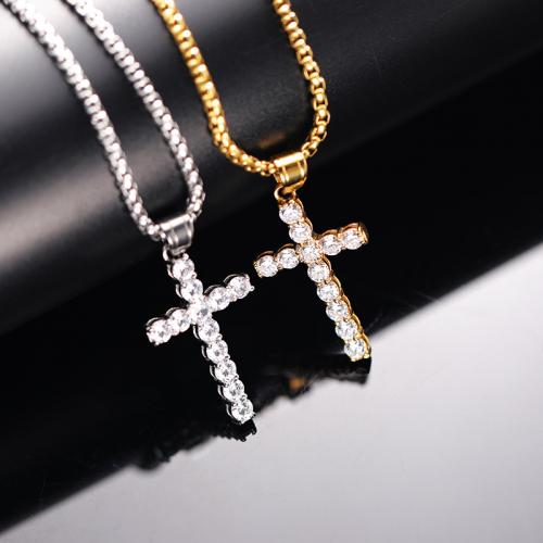 Titanium Steel Jewelry Necklace, Cross, fashion jewelry & Unisex & with rhinestone Approx 60 cm 