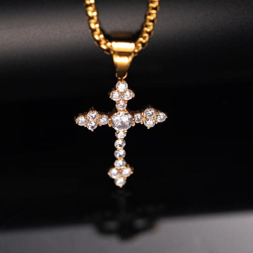 Titanium Steel Jewelry Necklace, Cross, fashion jewelry & for man & with rhinestone, golden Approx 60 cm 