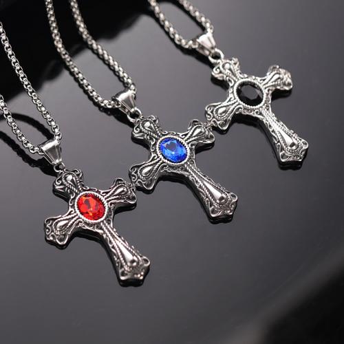 Titanium Steel Jewelry Necklace, Cross, fashion jewelry & for man & with rhinestone Approx 60 cm 