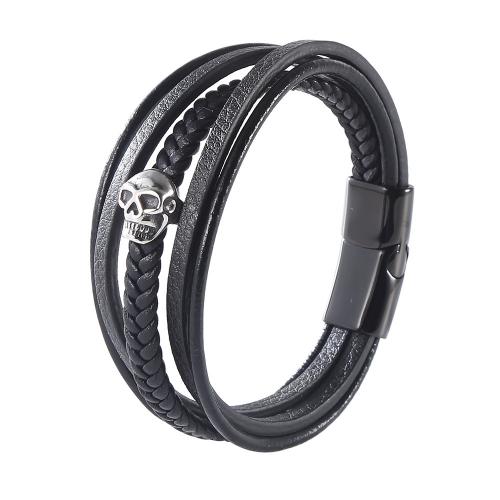 PU Leather Cord Bracelets, with 304 Stainless Steel, Skull, fashion jewelry & for man, black 