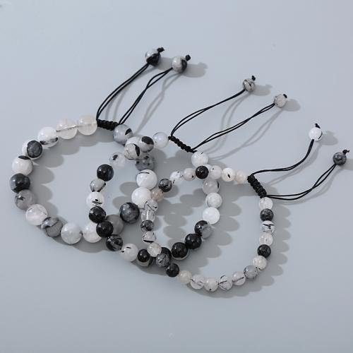 Quartz Bracelets, Black Rutilated Quartz, with Knot Cord, Round, fashion jewelry cm 