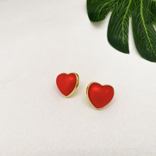 Brass Stud Earring, with Plastic Pearl, Heart, 18K gold plated, fashion jewelry & for woman, red 
