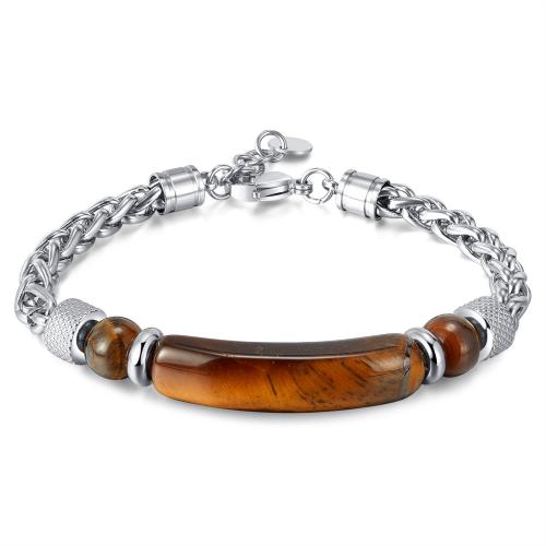 Gemstone Bracelets, 304 Stainless Steel, with Tiger Eye, with 30mm extender chain, polished, fashion jewelry & for man Approx 195 mm 
