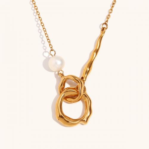 Edelstahl Schmuck Halskette, 316 L Edelstahl, mit Kunststoff Perlen, Vakuum-Ionen-Beschichtung, für Frau, goldfarben, verkauft von PC