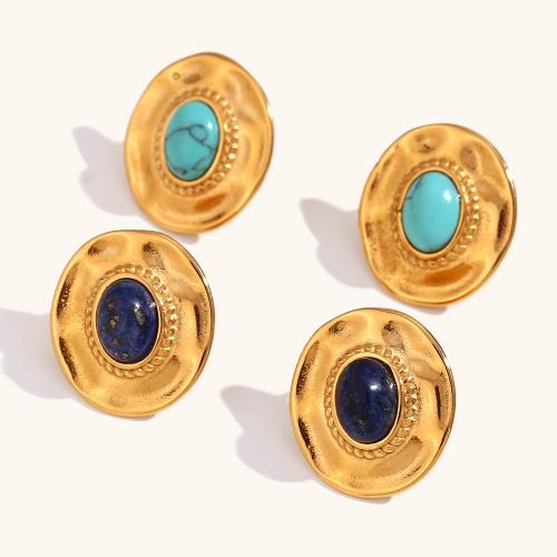 Gemstone Stud Earring, 316L Stainless Steel, with Lapis Lazuli & turquoise, Vacuum Ion Plating, for woman 