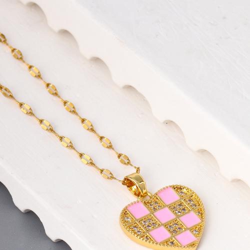 Cubic Zircon Micro Pave Brass Necklace, with 5CM extender chain, Heart, plated & micro pave cubic zirconia & for woman & enamel, golden Approx 40 cm 