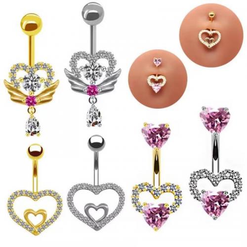 316L Stainless Steel Belly Ring, plated, Unisex & with rhinestone & hollow 
