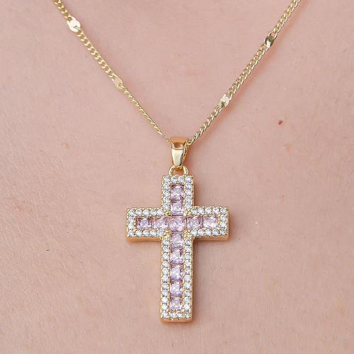 Cubic Zircon Micro Pave Brass Necklace, Cross, gold color plated, fashion jewelry & micro pave cubic zirconia & for woman & enamel Approx 45-50 cm 