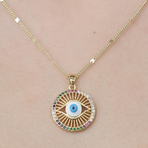 Evil Eye Jewelry Necklace, Brass, gold color plated, fashion jewelry & micro pave cubic zirconia & for woman & enamel & hollow Approx 45-50 cm 