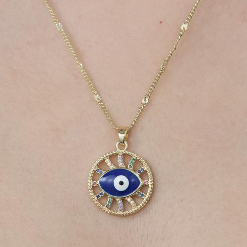 Evil Eye Jewelry Necklace, Brass, gold color plated, fashion jewelry & micro pave cubic zirconia & for woman & enamel & hollow Approx 45-50 cm 