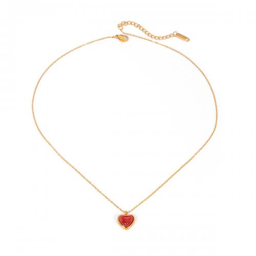 Stainless Steel Jewelry Necklace, 304 Stainless Steel, with Red Agate, with 5cm extender chain, Heart, 18K gold plated, fashion jewelry & for woman, golden Approx 45 cm 
