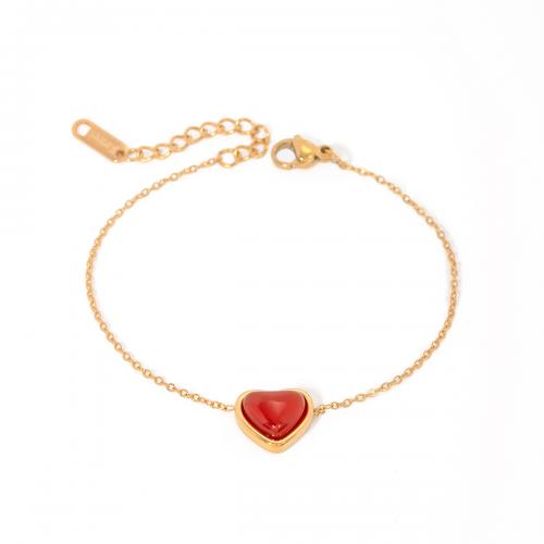 Stainless Steel Chain Bracelets, 304 Stainless Steel, with Red Agate, with 5cm extender chain, Heart, 18K gold plated, fashion jewelry & for woman, golden, 11mm Approx 16.5 cm 