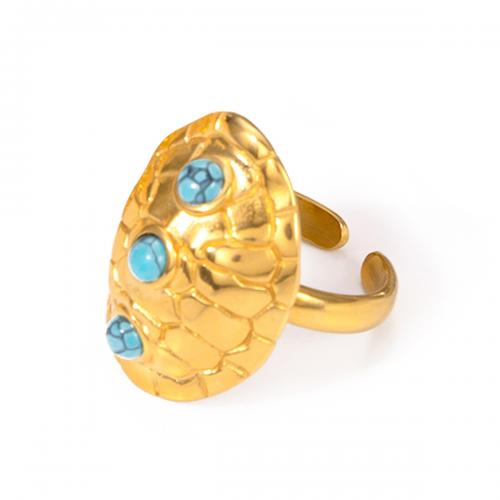 Gemstone Stainless Steel Finger Ring, 304 Stainless Steel, with turquoise, 18K gold plated, fashion jewelry & for woman, golden 
