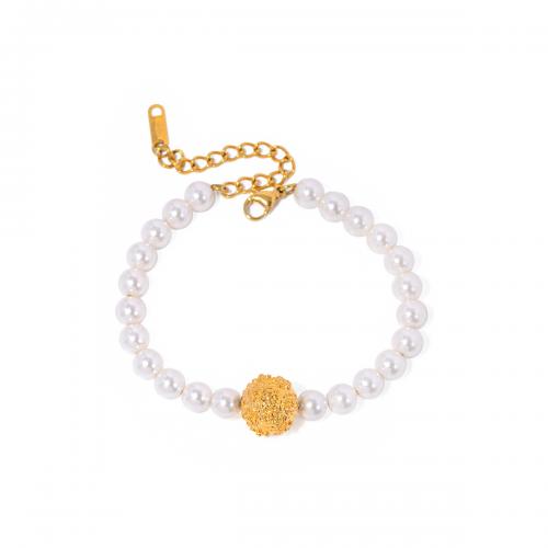 Stainless Steel Chain Bracelets, 304 Stainless Steel, with Glass Pearl, with 5cm extender chain, 18K gold plated, fashion jewelry & for woman, golden Approx 16.5 cm 