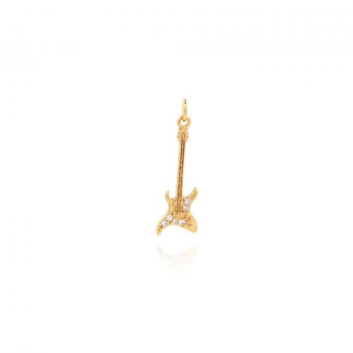 Cubic Zirconia Micro Pave Brass Pendant, with Cubic Zirconia, Guitar, gold color plated, DIY 