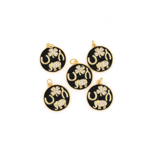 Enamel Brass Pendants, Round, gold color plated, DIY & micro pave cubic zirconia, black 
