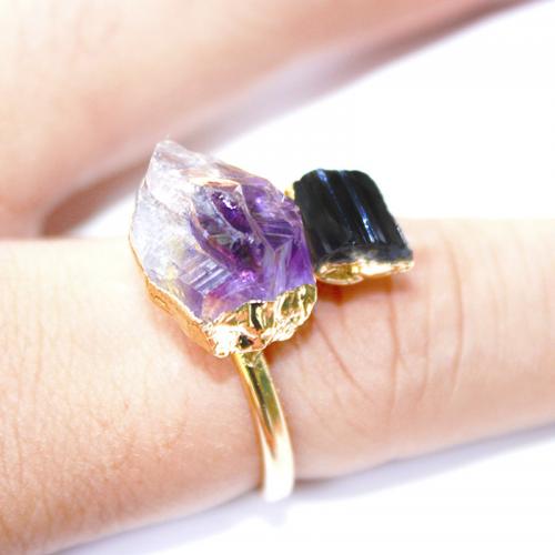 Gemstone Brass Finger Ring, with Schorl & Amethyst, gold color plated, fashion jewelry & for woman, purple, inner ~20mm 