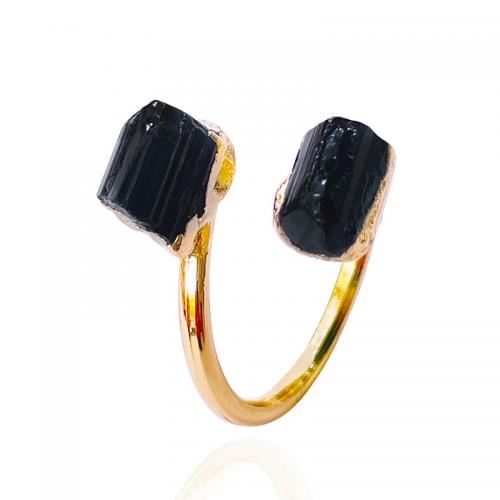 Gemstone Brass Finger Ring, with Schorl, gold color plated, fashion jewelry & for woman, black, inner ~20mm 