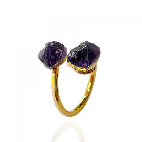 Quartz Finger Ring, Brass, with Amethyst, irregular, gold color plated, fashion jewelry & for woman, purple, inner ~20mm 