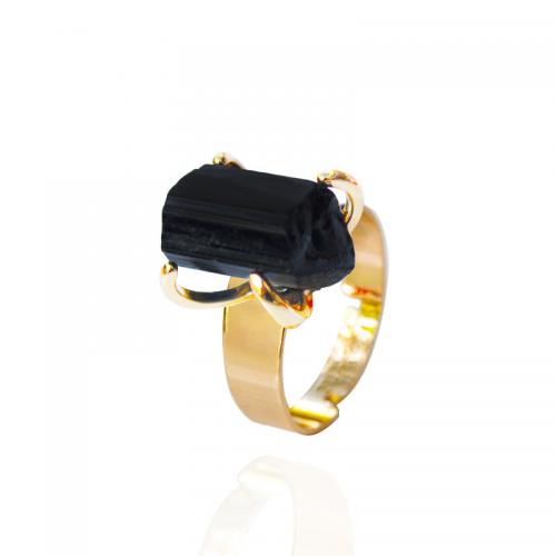 Gemstone Brass Finger Ring, with Schorl, irregular, gold color plated, Adjustable & fashion jewelry & for woman, black, inner ~20mm 