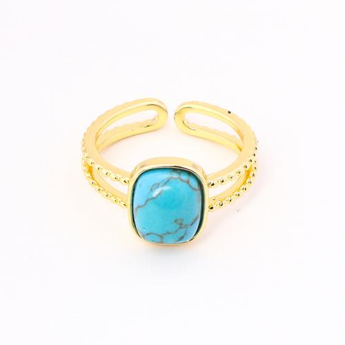 Gemstone Brass Finger Ring, with turquoise, plated, for woman, golden 