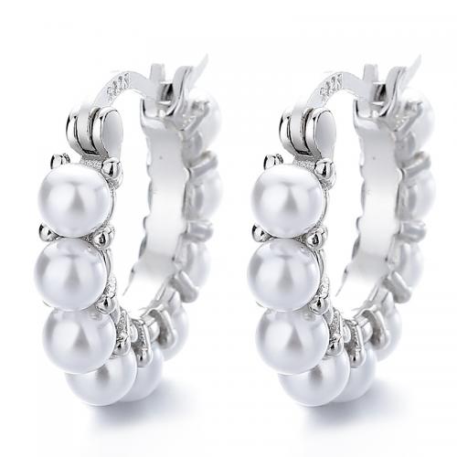 Sterling Silver Huggie Hoop Earring, 925 Sterling Silver, with Plastic Pearl, plated, for woman 