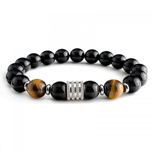 Obsidian Bracelet, with Tiger Eye & 304 Stainless Steel, Round, handmade & for man Approx 7.5-11.4 Inch 