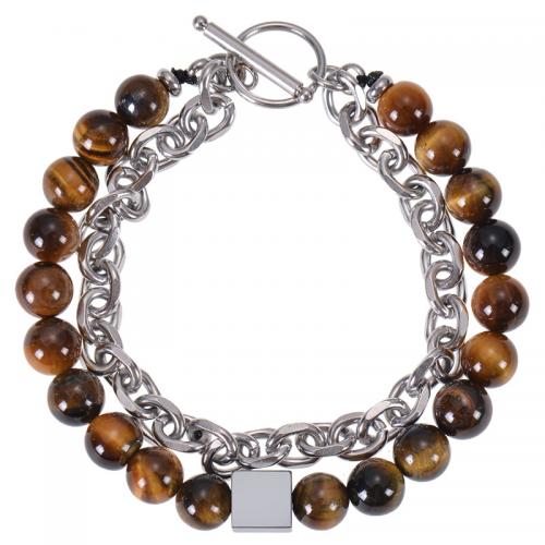 Gemstone Bracelet, with 304 Stainless Steel, handmade, Double Layer & for man Approx 7-8.5 Inch 