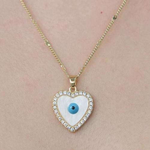 Evil Eye Jewelry Necklace, Brass, with Shell, gold color plated, fashion jewelry & micro pave cubic zirconia & for woman & enamel Approx 45-50 cm 