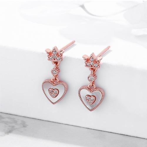 Cubic Zirconia Micro Pave Sterling Silver Earring, 925 Sterling Silver, with White Shell, Heart, plated, fashion jewelry & micro pave cubic zirconia & for woman 