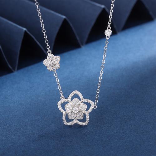 Cubic Zircon Micro Pave Sterling Silver Necklace, 925 Sterling Silver, with 1.97inch extender chain, Flower, plated, fashion jewelry & micro pave cubic zirconia & for woman Approx 15.75 Inch 