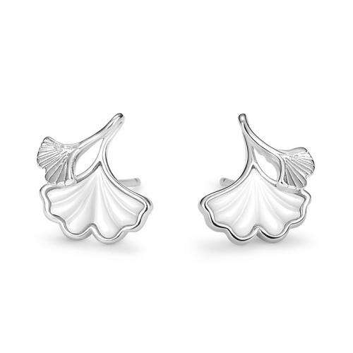 Sterling Silver Stud Earring, 925 Sterling Silver, with White Shell, Ginkgo Leaf, plated, fashion jewelry & for woman 